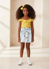 Yellow Off‑Shoulder Top & Blue Floral Bow Skirt Set - 