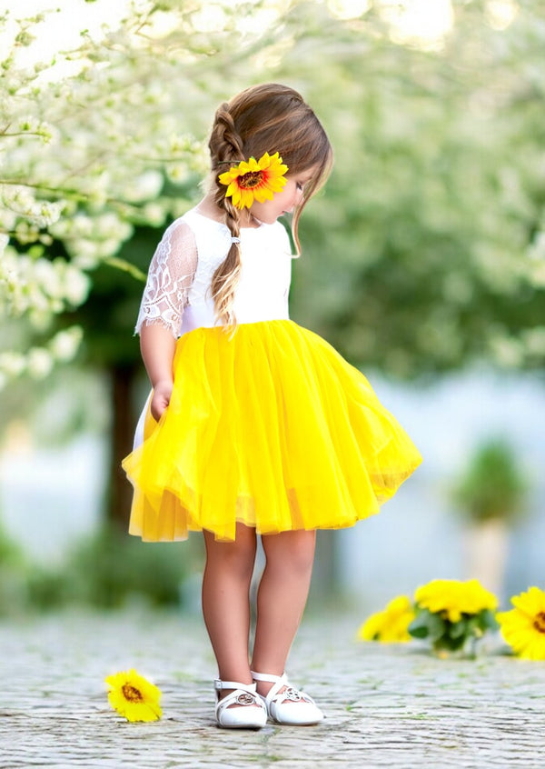 sunflower flower girl dresses, knee length