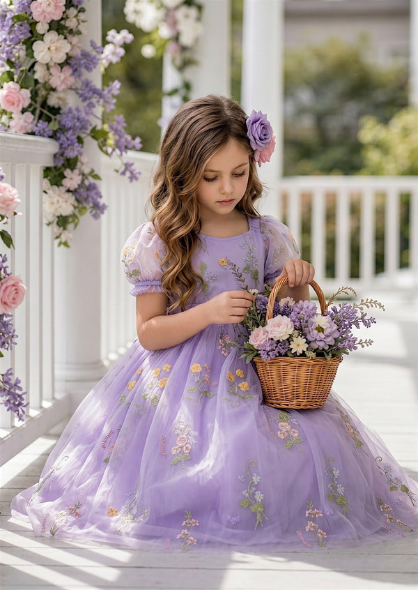Zinnia Lavender Puff Sleeve Floral Flower Girl Dress - 