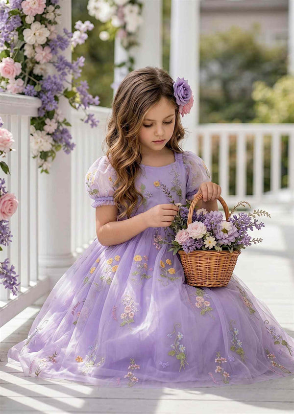 flower girl dresses lavender Lavender Floral Embroidered Girl Dress