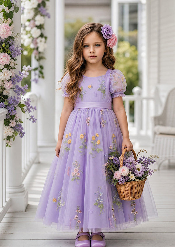 Zinnia Lavender Puff Sleeve Floral Flower Girl Dress - 