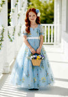 Zinnia Light Blue Puff Sleeve Floral Flower Girl Dress - 