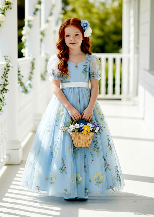 Zinnia Light Blue Puff Sleeve Floral Flower Girl Dress - 