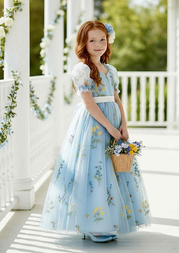 Zinnia Puff Sleeve Light Blue Floral Flower Girl Dress