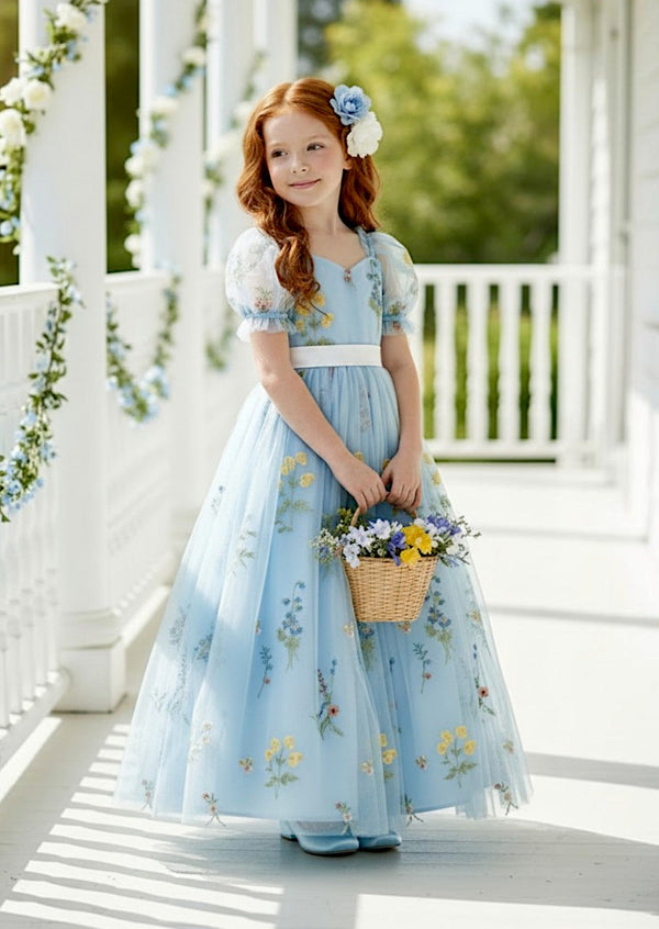 Zinnia Light Blue Puff Sleeve Floral Flower Girl Dress - 