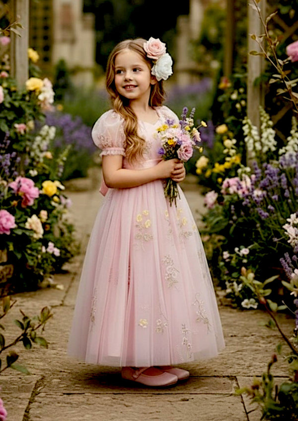 Zinnia Pink Puff Sleeve Floral Flower Girl Dress - 