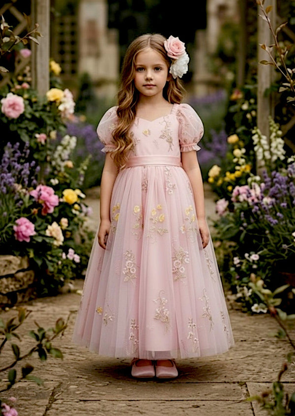 Zinnia Pink Puff Sleeve Floral Flower Girl Dress - 