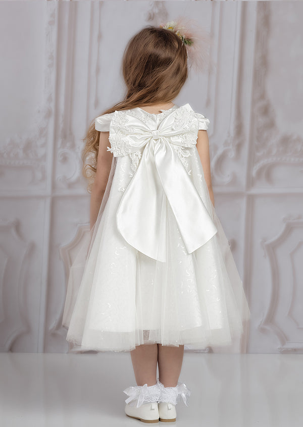 girls white dress, first communion, baptism, knee length flower girl dress, elegant girls white dress