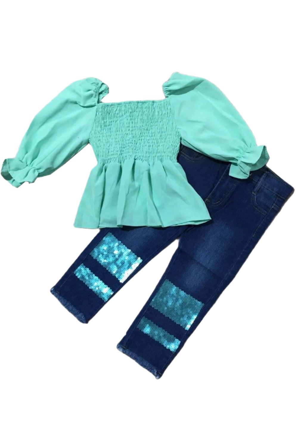 GIRLS - Aqua Shirred Top and Sequin Jeans Set - Hannah Rose Vintage Boutique
