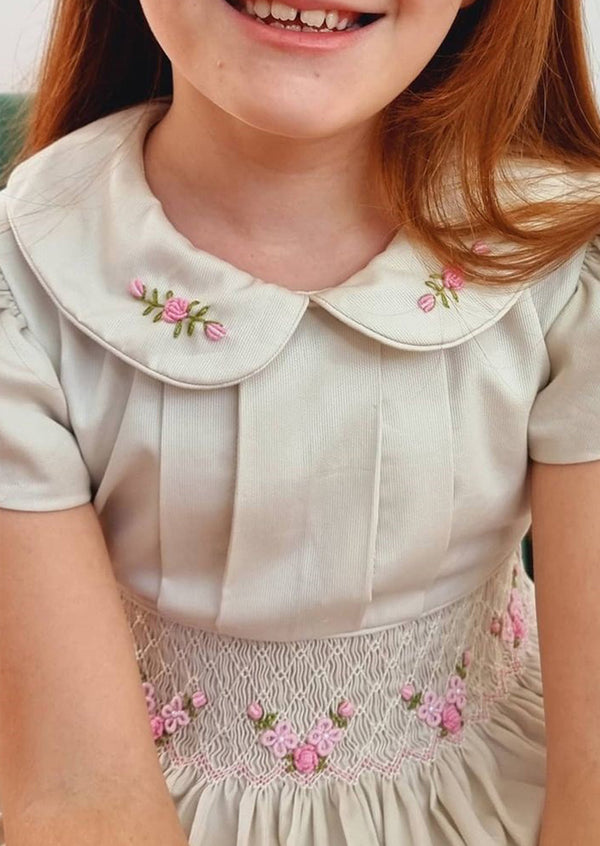 GIRLS - Maisy Beige Vertical Pleat Hand Smocked Dress - Hannah Rose Vintage Boutique