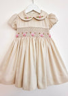 GIRLS - Maisy Beige Vertical Pleat Hand Smocked Dress - Hannah Rose Vintage Boutique
