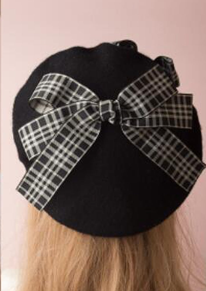 GIRLS - Paris Style French Beret Black with Plaid Bows - Hannah Rose Vintage Boutique