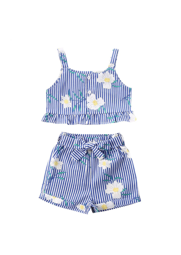 GIRLS - Daisy Print Girls Blue Shorts Set - Hannah Rose Vintage Boutique