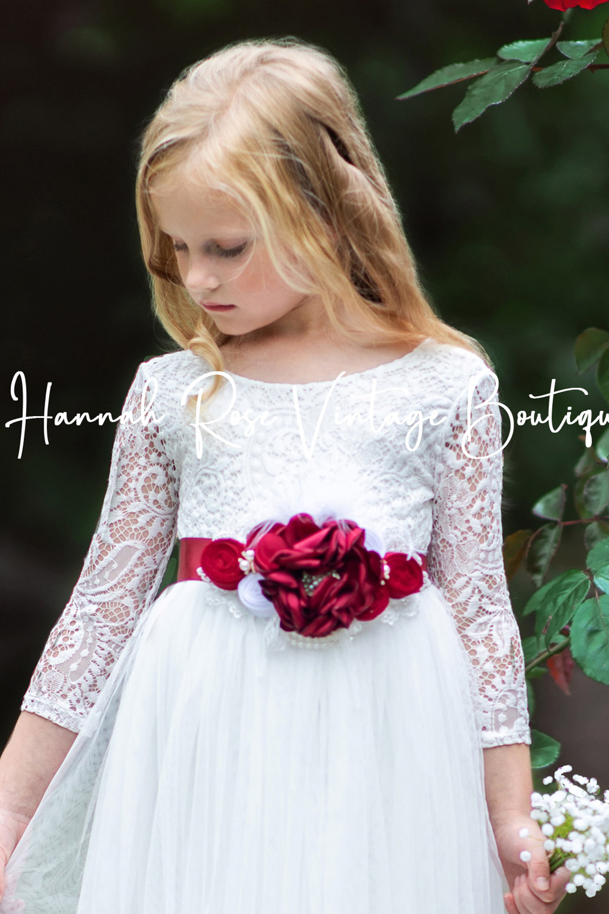 GIRLS - Satin Flower Bridal Sash Belt Burgundy - Hannah Rose Vintage Boutique