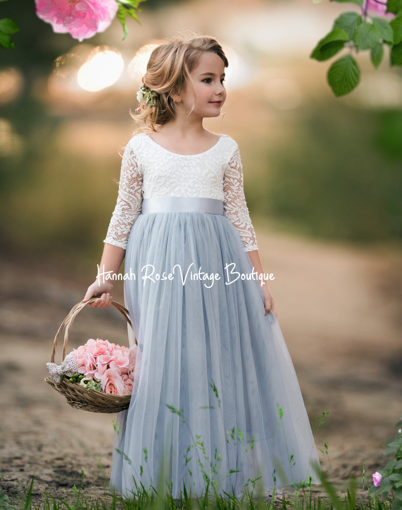 grey and white flower girl dress