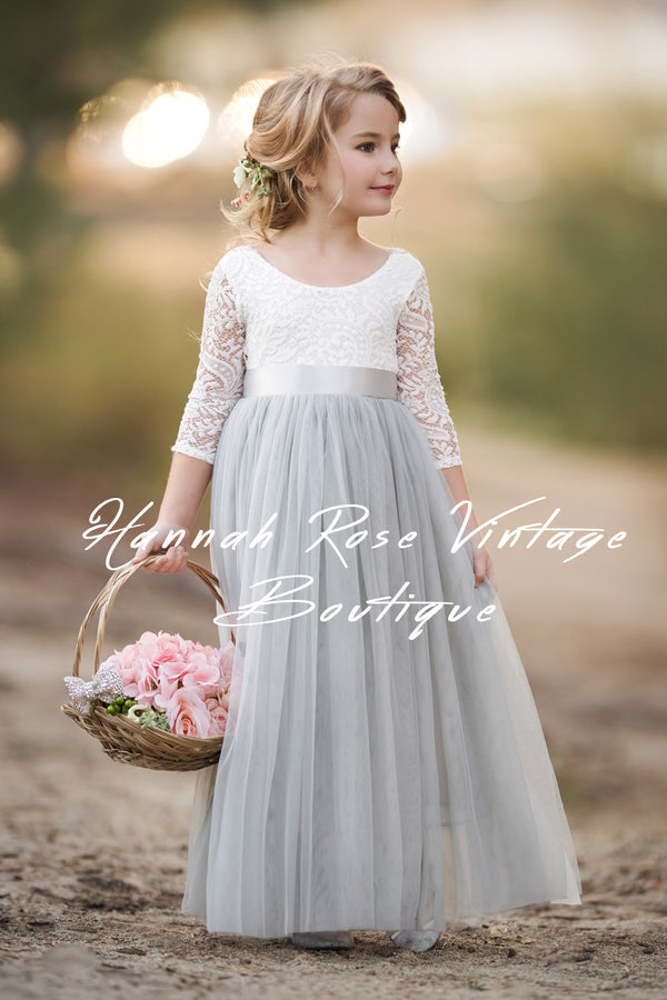 Grey Tulle Flower Girl Dress with Sleeves