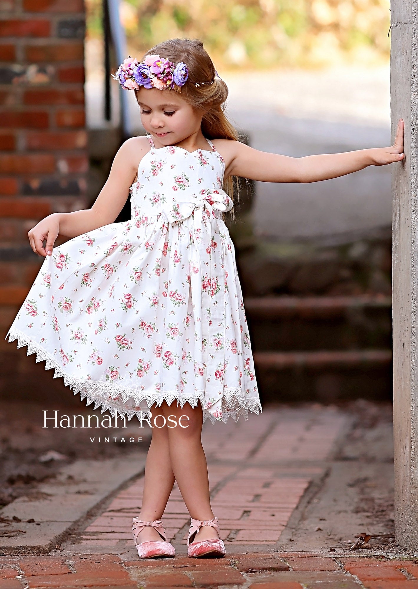 GIRLS - Sweetheart Neckline Rose Print Dress - Hannah Rose Vintage Boutique