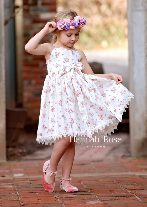 GIRLS - Sweetheart Neckline Rose Print Dress - Hannah Rose Vintage Boutique