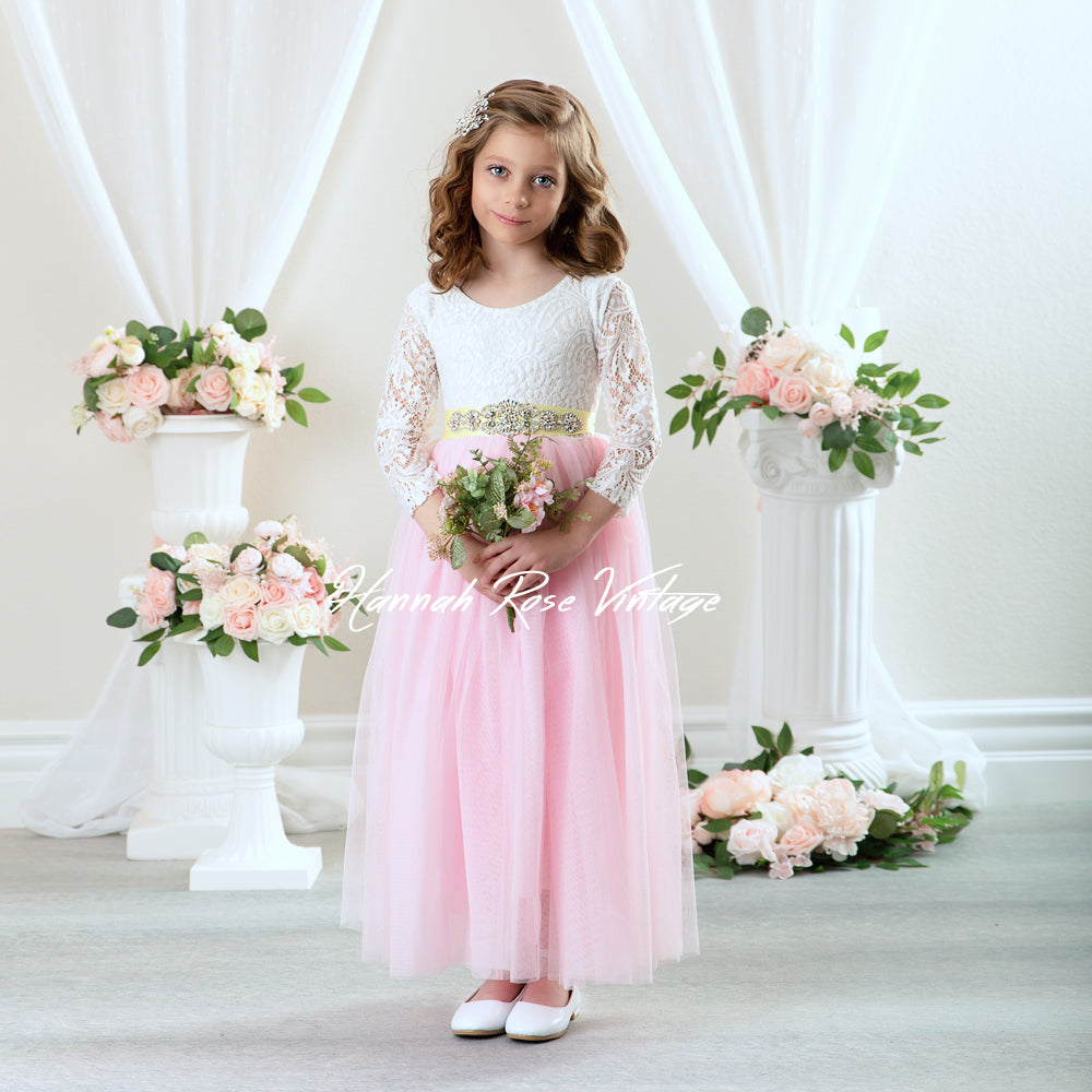 pink flower girl dress with sleeves