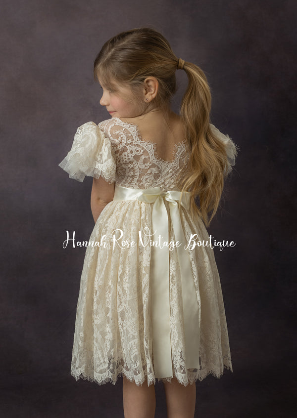 Ivory Vintage Lace Knee Length Flower Girl Dress