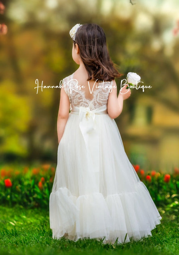 Sleeveless Ruffle Hem Solid Ivory Flower Girl Dress