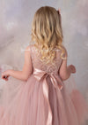 back view of mauve tulle and lace flower girl dresses