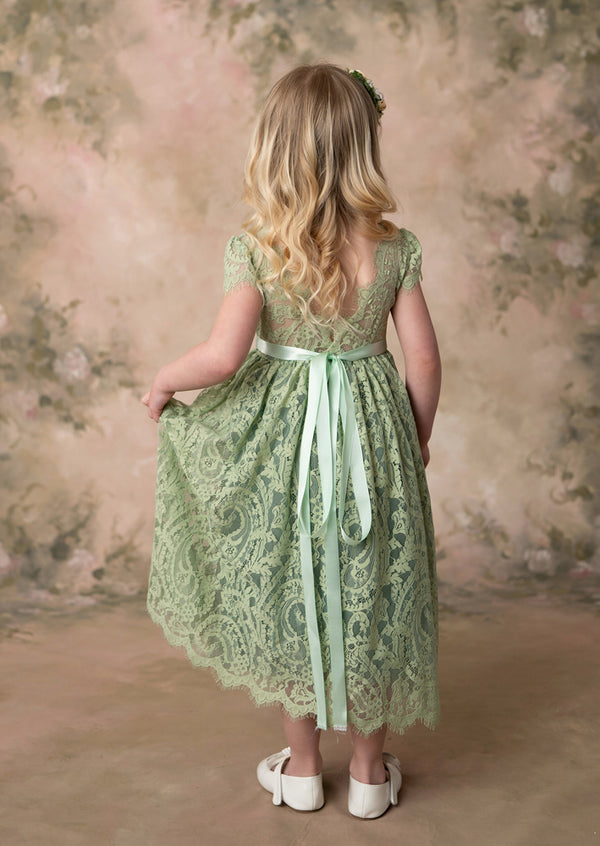sage green lace flower girl dress back view