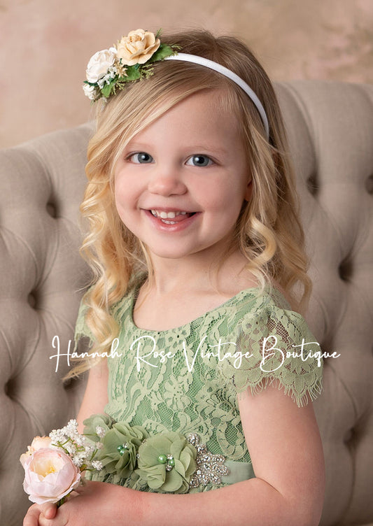 Sage Green Lace Flower Girl Dress | Hannahrosevintageboutique.com