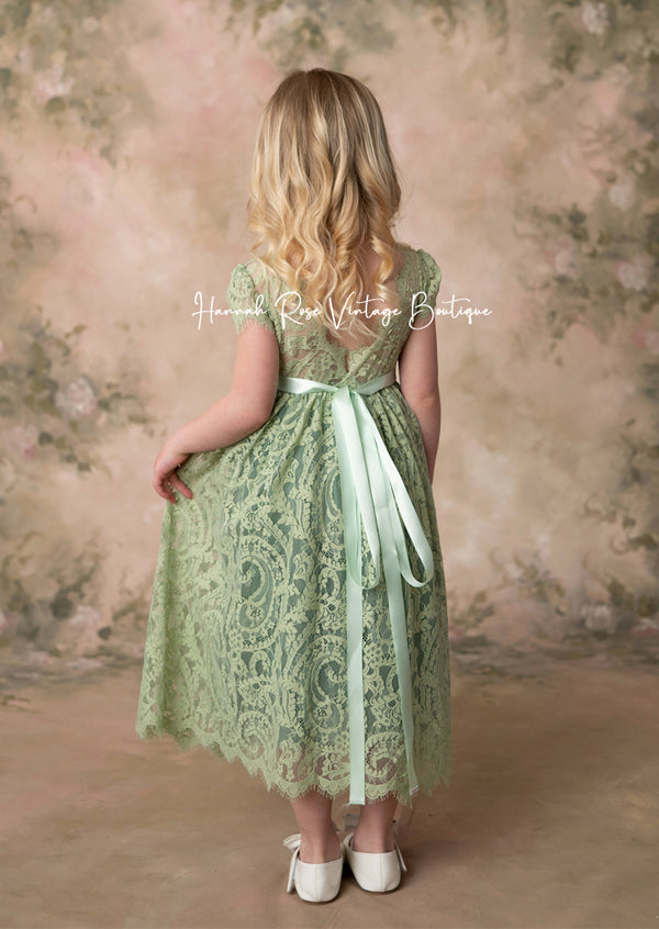 sage green flower girl dress with V-back