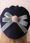 GIRLS - Paris Style French Beret Navy with Stripe Bows - Hannah Rose Vintage Boutique