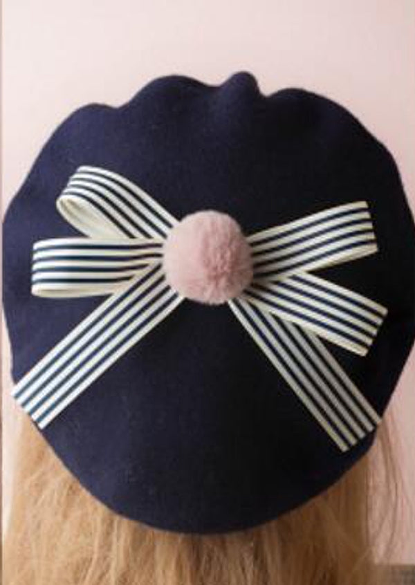GIRLS - Paris Style French Beret Navy with Stripe Bows - Hannah Rose Vintage Boutique