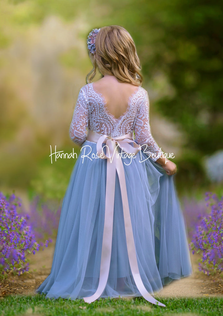 Dusty Blue Flower Girl Dress with Long Sleeves