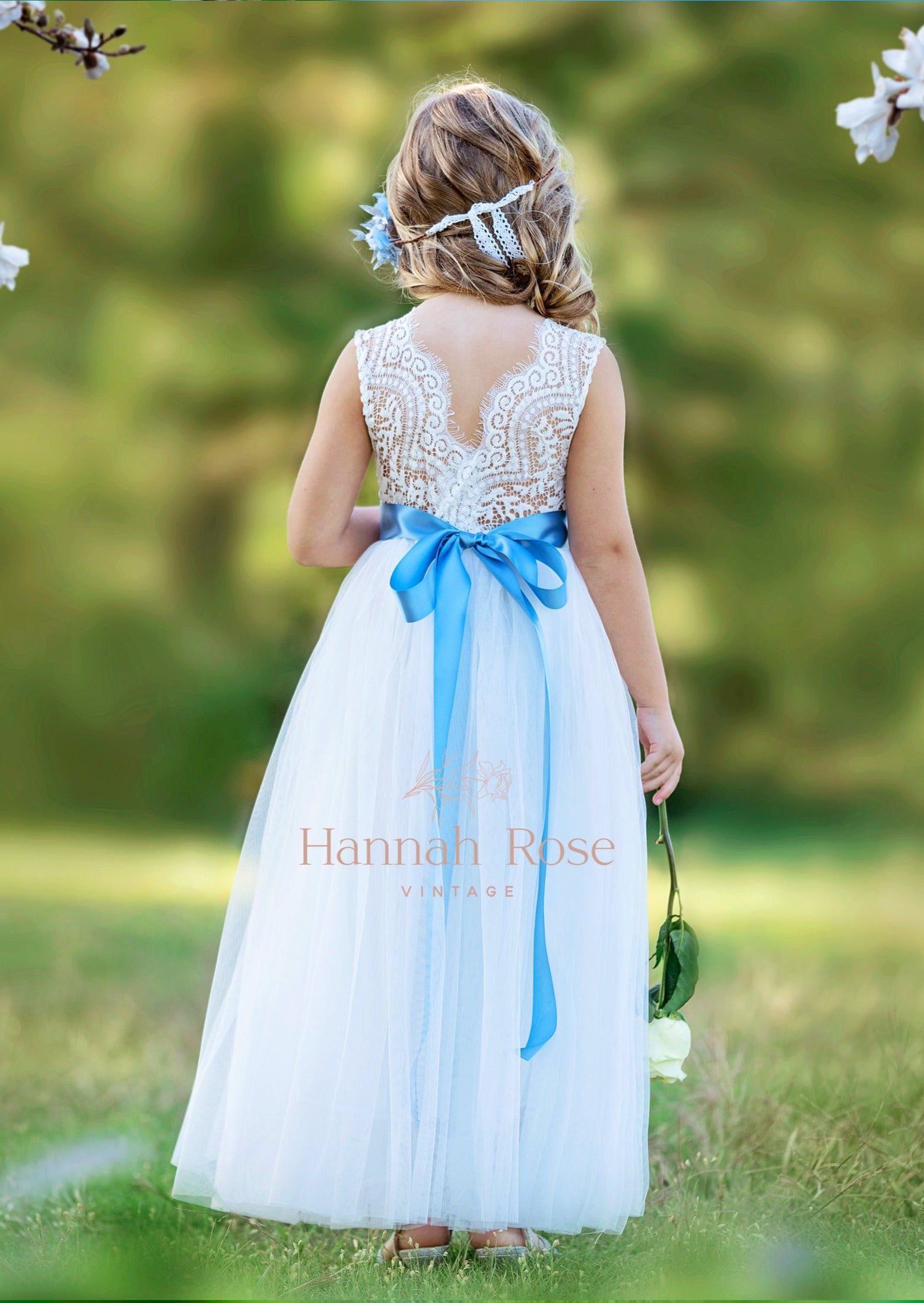 white and colonial blue flower girl dress