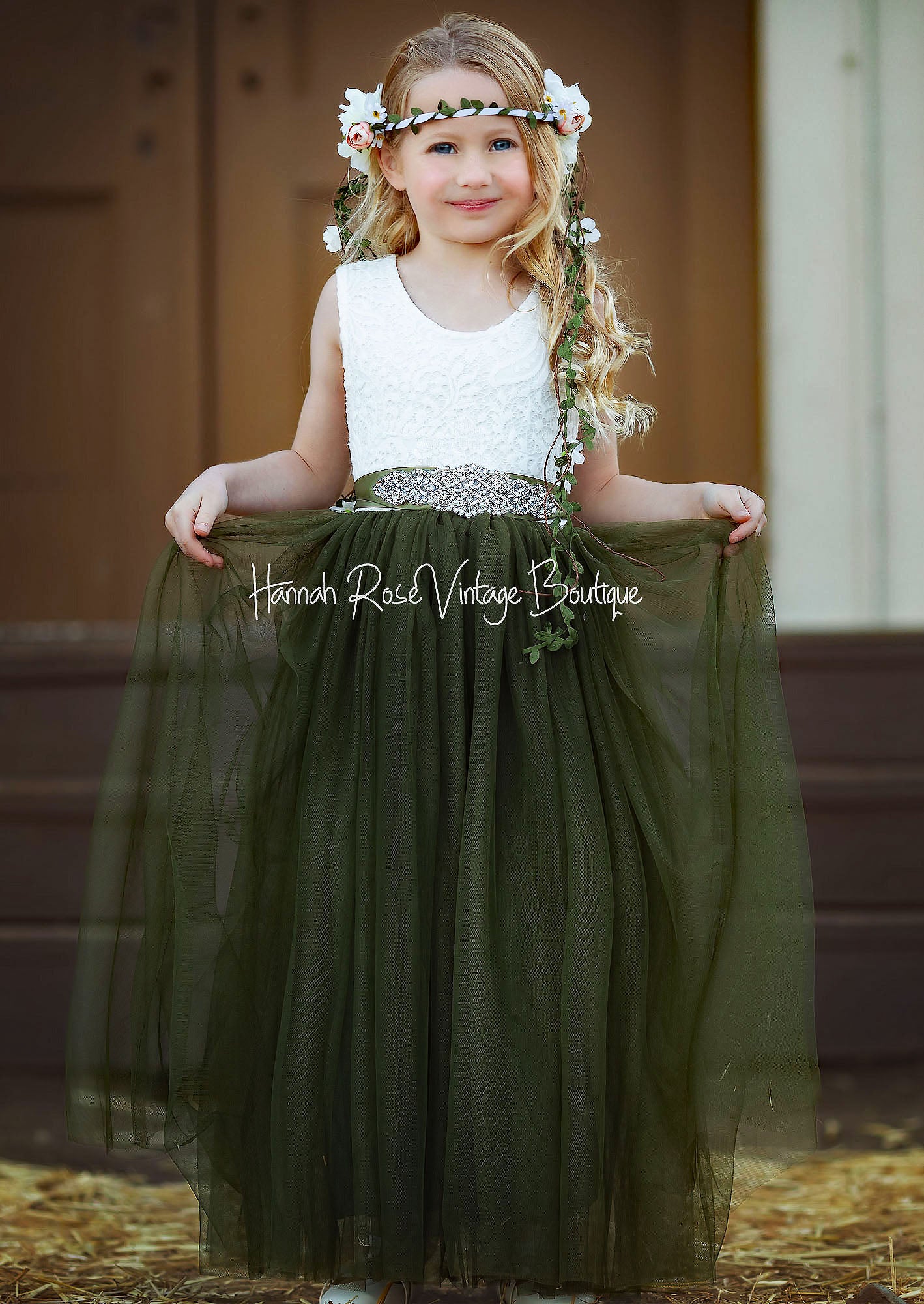 Pine green flower girl dress