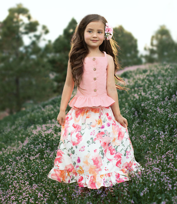 GIRLS - Peach Floral Maxi Skirt & Top Set - Hannah Rose Vintage Boutique
