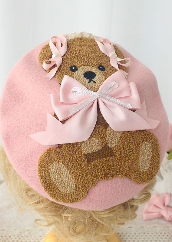 GIRLS - Pink Teddy Bear French Beret - Hannah Rose Vintage Boutique