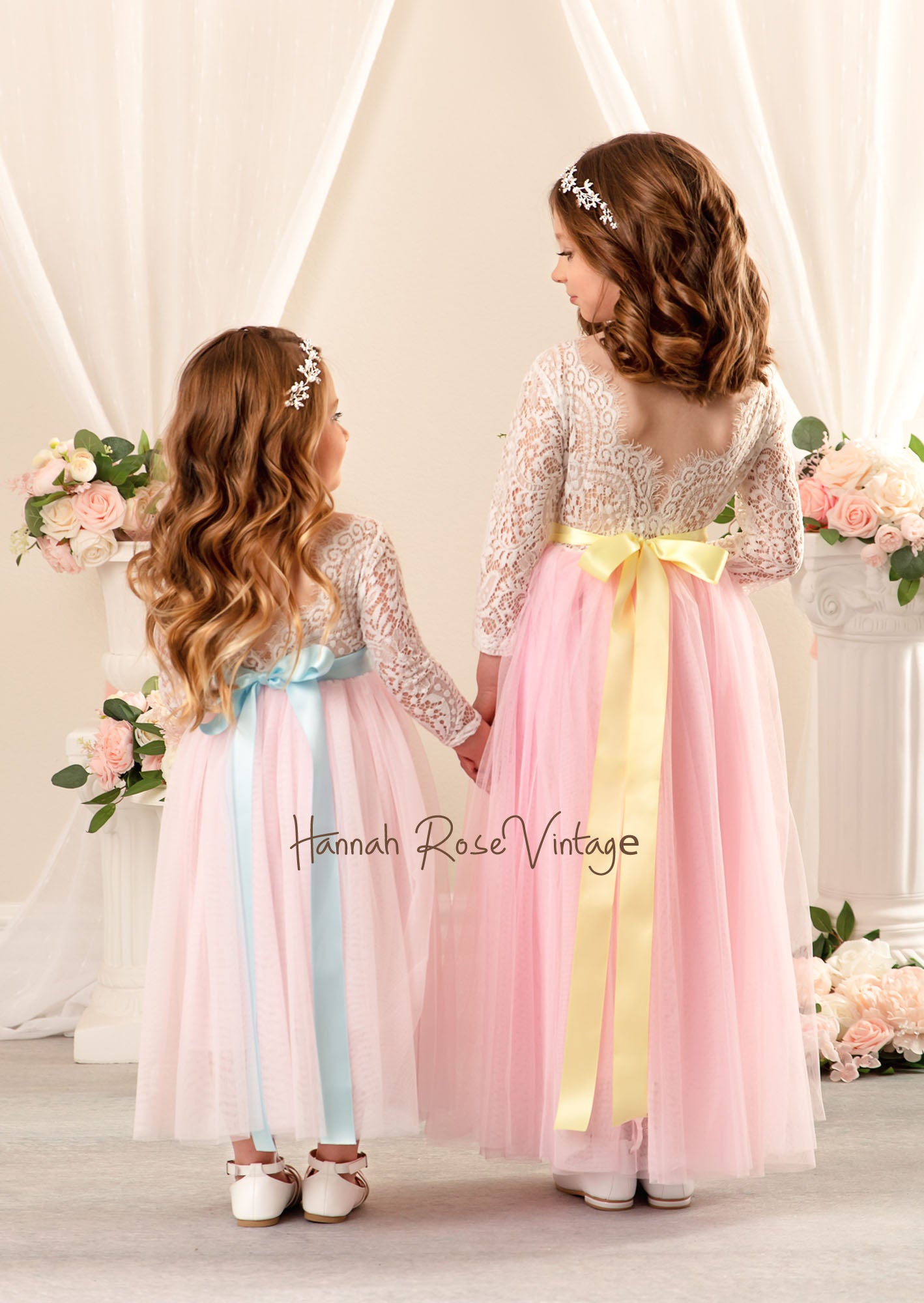 pink and yellow flower girl dress