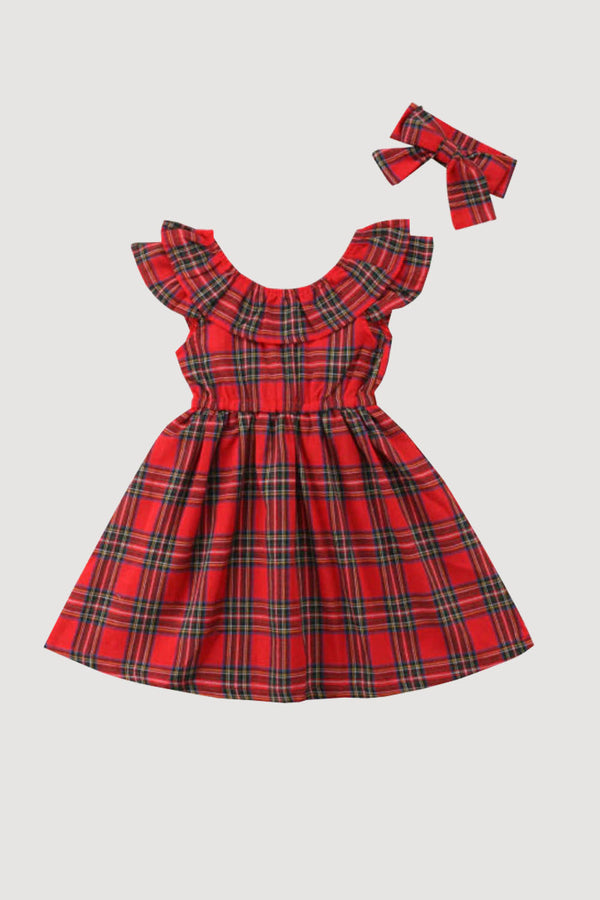 GIRLS - Red Plaid Dress and Headband Set - Hannah Rose Vintage Boutique