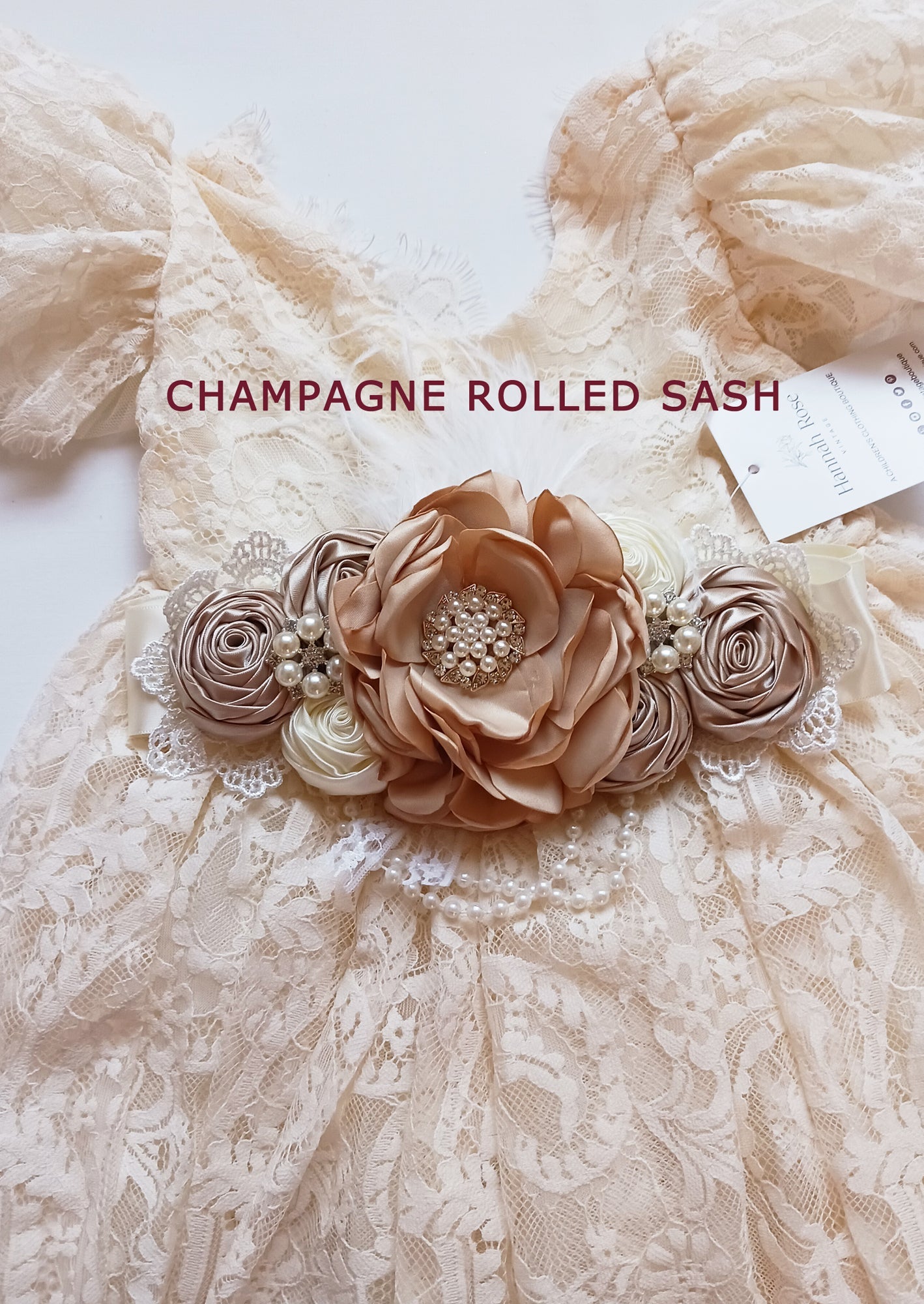 GIRLS - Satin Flower Bridal Sash Belt Champagne - Hannah Rose Vintage Boutique