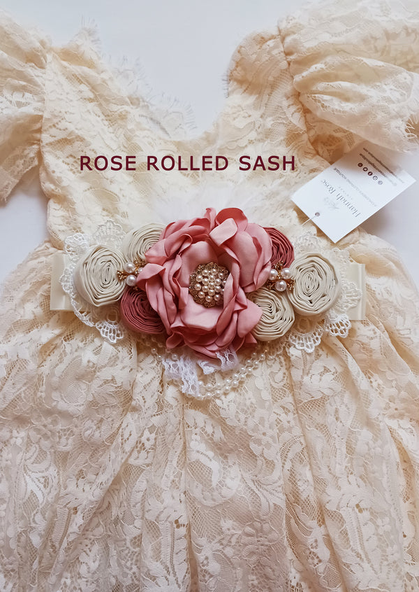 GIRLS - Satin Flower Bridal Sash Belt Rose - Hannah Rose Vintage Boutique