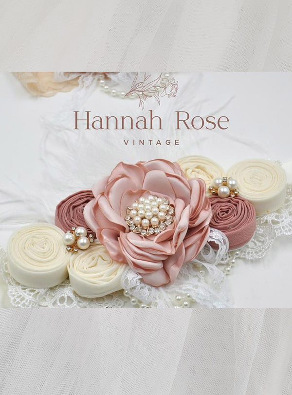 GIRLS - Satin Flower Bridal Sash Belt Rose - Hannah Rose Vintage Boutique