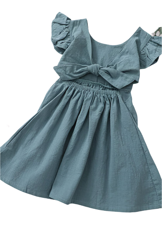 GIRLS - LOLA TIE BACK LINEN DRESS IN BLUE - Hannah Rose Vintage Boutique