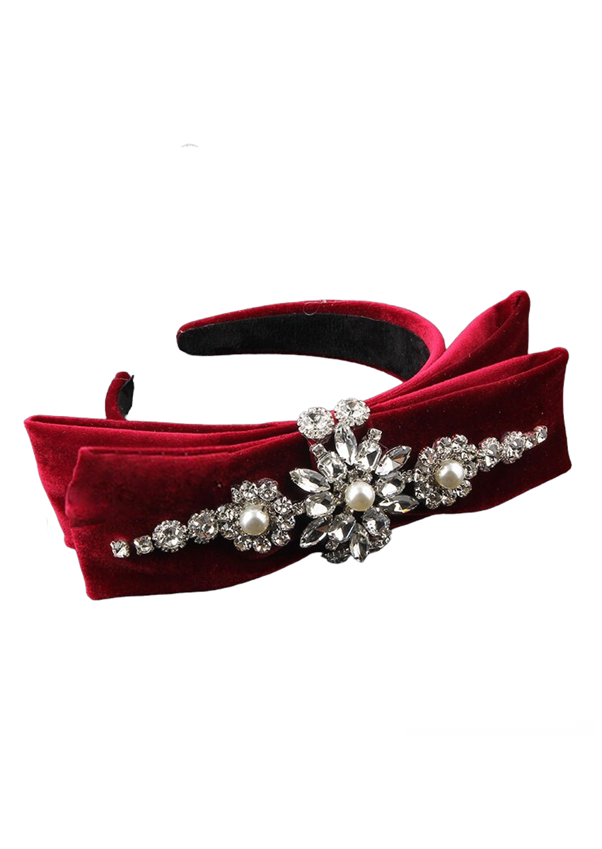 GIRLS - Princess Bow Bejeweled Headband in Wine - Hannah Rose Vintage Boutique
