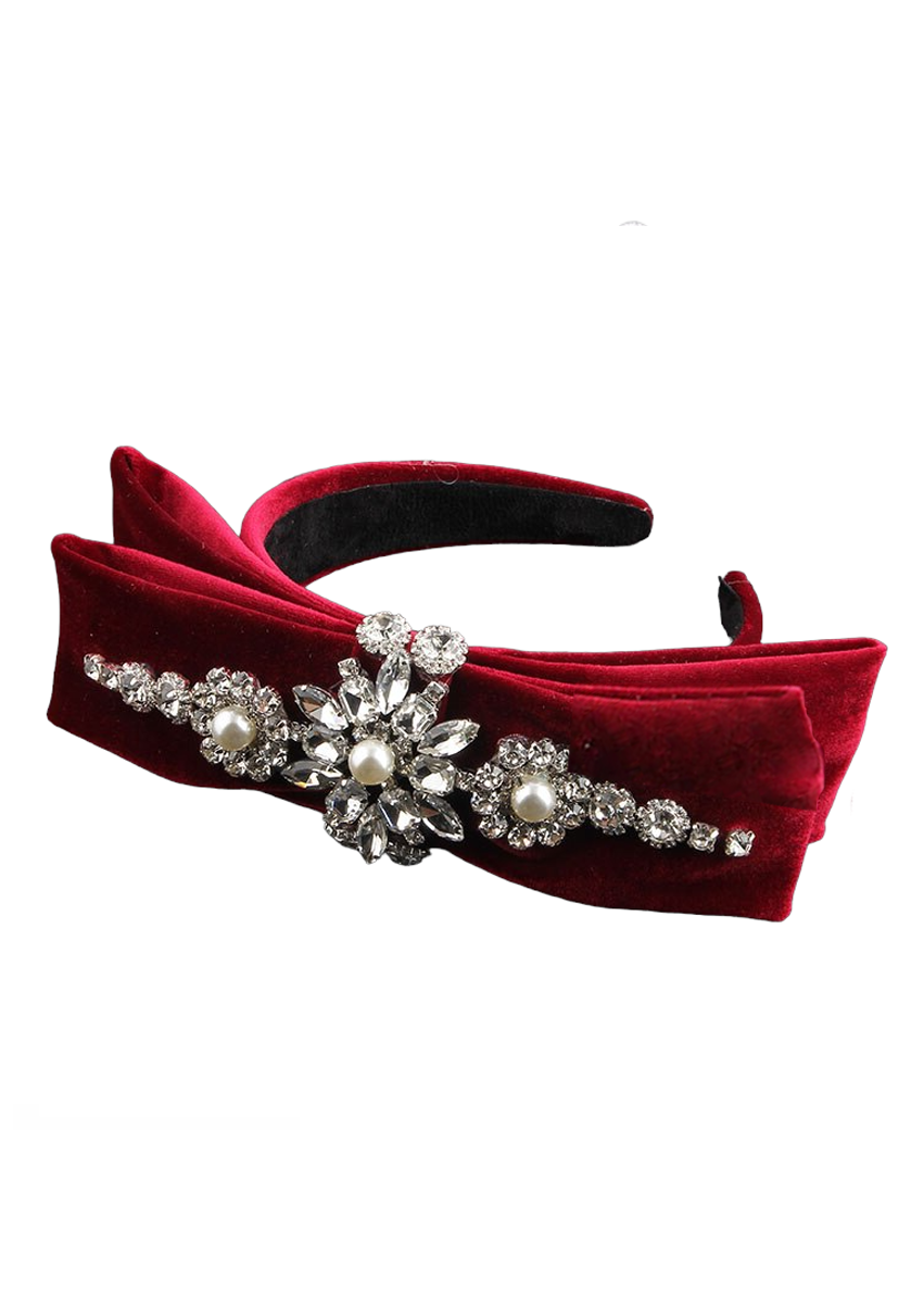 GIRLS - Princess Bow Bejeweled Headband in Wine - Hannah Rose Vintage Boutique
