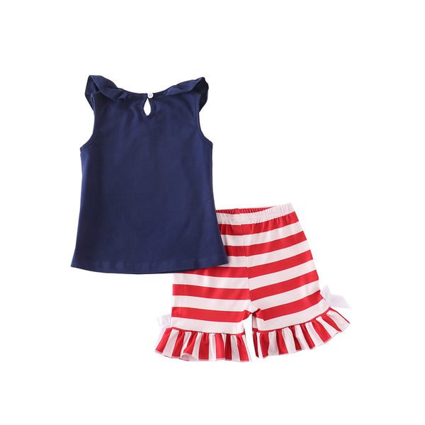 GIRLS - Girls Red and Blue 2 Pc Shorts Set - Hannah Rose Vintage Boutique