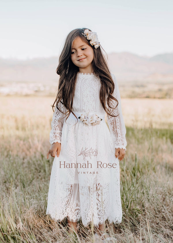 GIRLS - Vintage Rustic Lace Girls White Dress - Hannah Rose Vintage Boutique