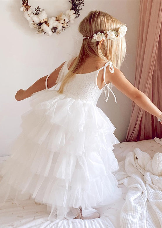 White layered flower girl dress for wedding