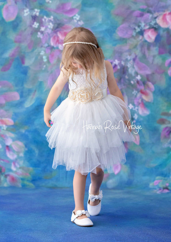 white layered flower girl dresses knee length