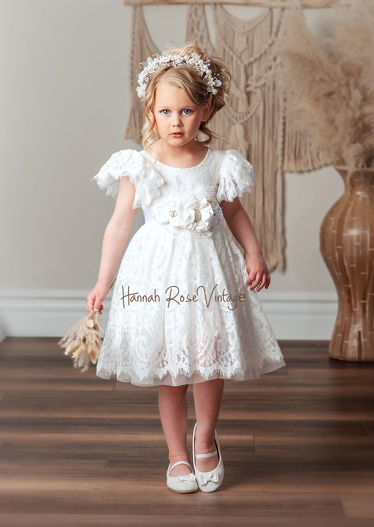 Elegant white lace flower girl dress