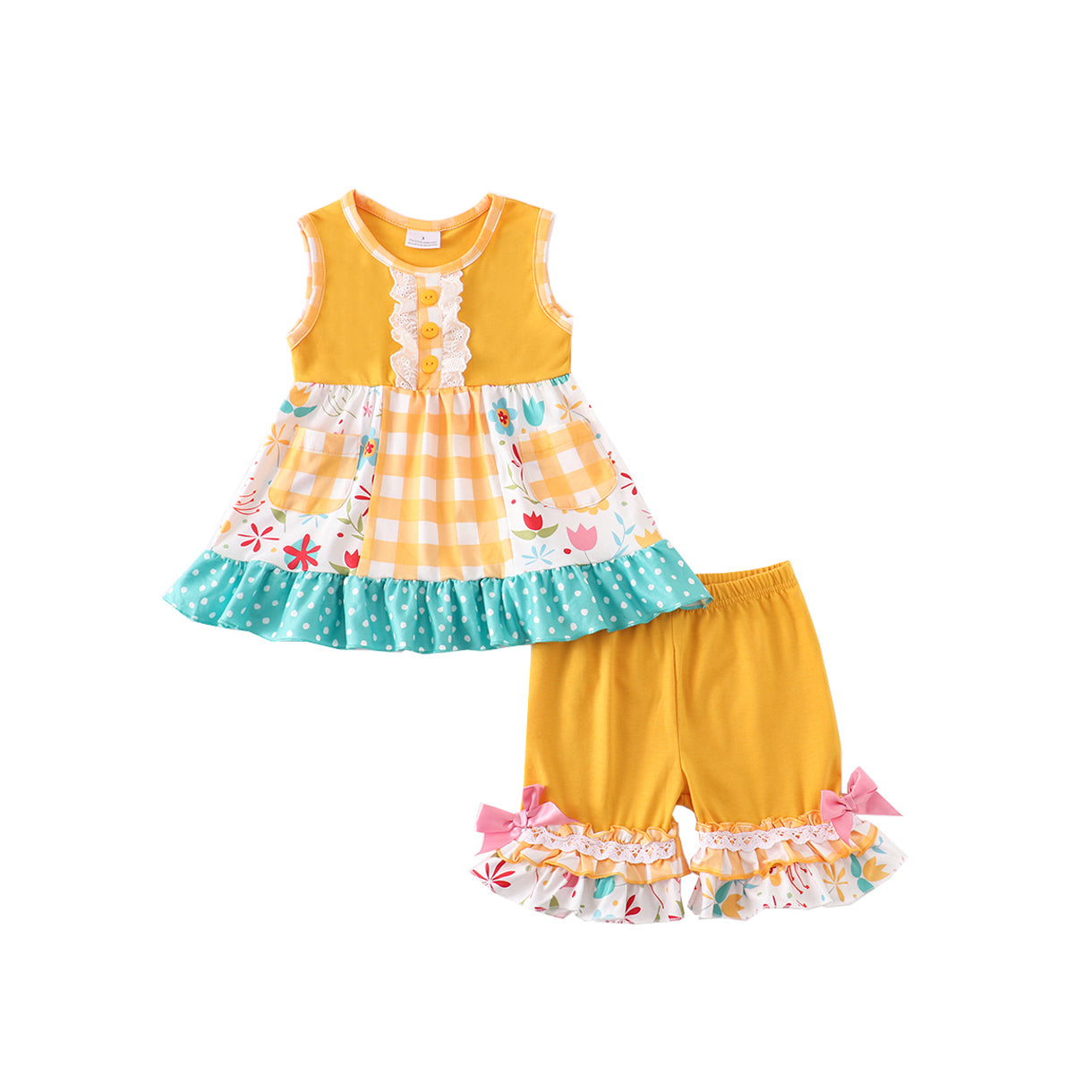 GIRLS - Yellow Check Patchwork Swing Top and Shorts Set - Hannah Rose Vintage Boutique